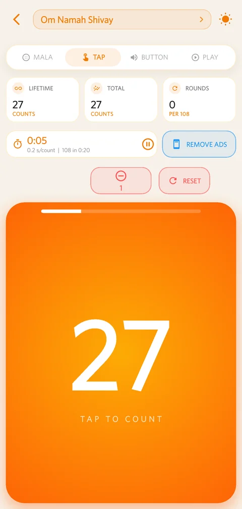 Tap mode in Easy Counter showing a count of 27, with lifetime, total and rounds above it.