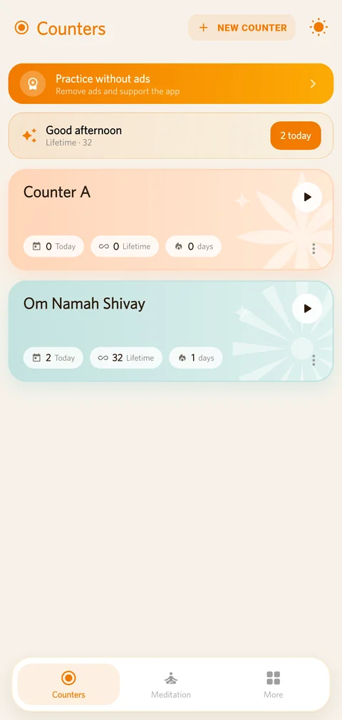 The Counters screen in Easy Counter, with cards showing today's count, the lifetime total and the streak.