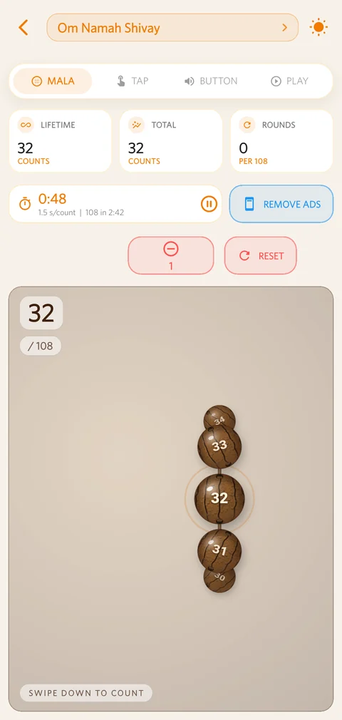 Mala mode in Easy Counter, showing a 3D rudraksha strand moved bead by bead.