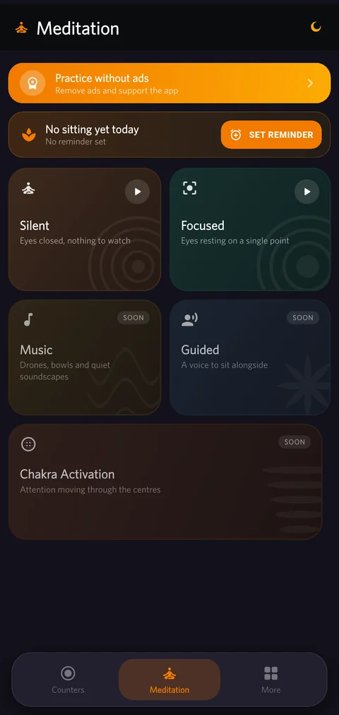Meditation screen in dark mode.