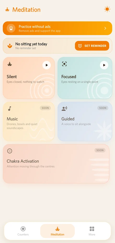 Meditation screen with Silent and Focused sittings.